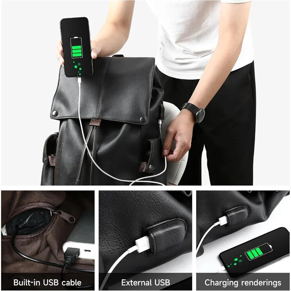 Men's Black Vintage Pu Leather Water-resistant College Casual 15.6